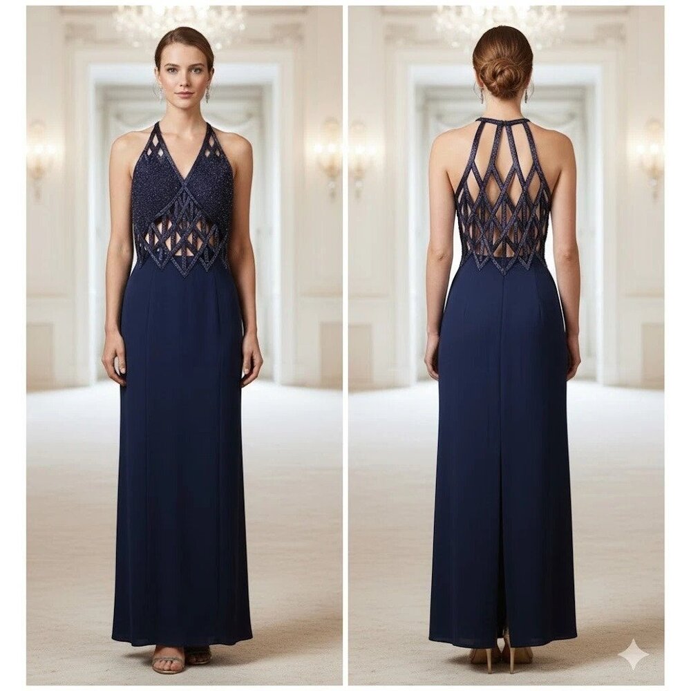 Vintage 90s Navy Blue Gown Beaded Halter Caged Back Prom Dress Glam Size 14
